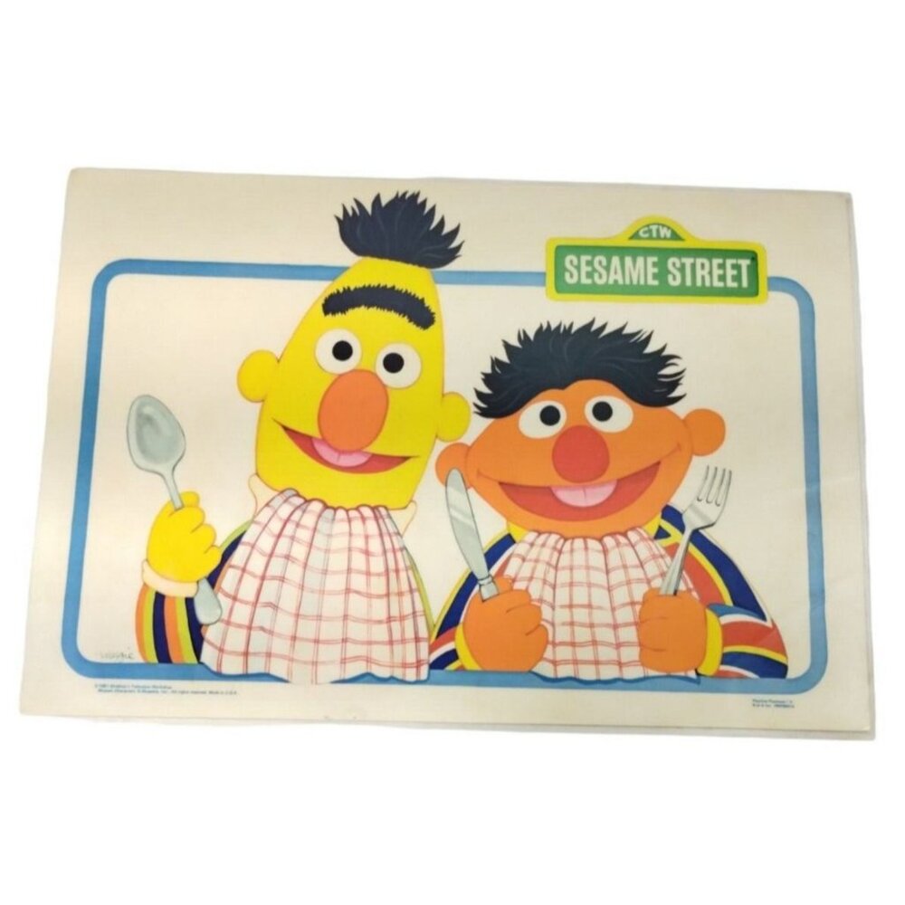 Vintage CTW Seasame Street Bert and Ernie Vinyl Placemat Muppets Activity Sheet